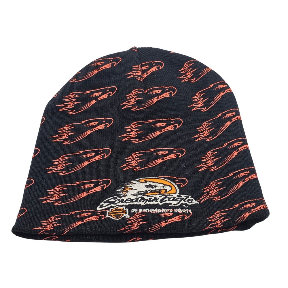 Harley Davidson AOP Screamin Eagle Knit Beanie Skull Cap Black OSFM Biker Y2K - Picture 2 of 5